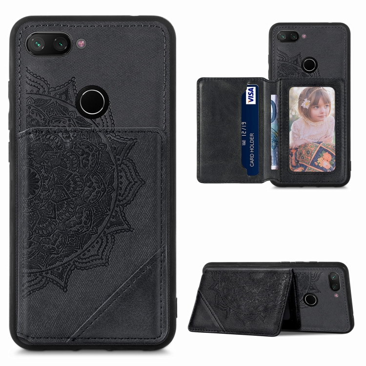 

For Xiaomi Mi 8 Lite Mandala Embossed Magnetic Cloth PU+TPU+PC Case with Holder & Card Slots & Wallet & Photo Frame(Black)
