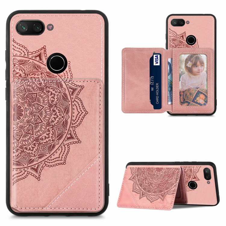 

For Xiaomi Mi 8 Lite Mandala Embossed Magnetic Cloth PU+TPU+PC Case with Holder & Card Slots & Wallet & Photo Frame(Rose Gold)