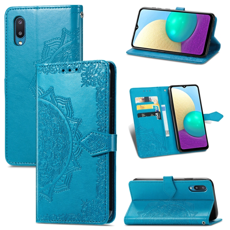 

For Samsung Galaxy A02 Mandala Flower Embossed Horizontal Flip Leather Case with Bracket / Card Slot / Wallet / Lanyard(Blue)