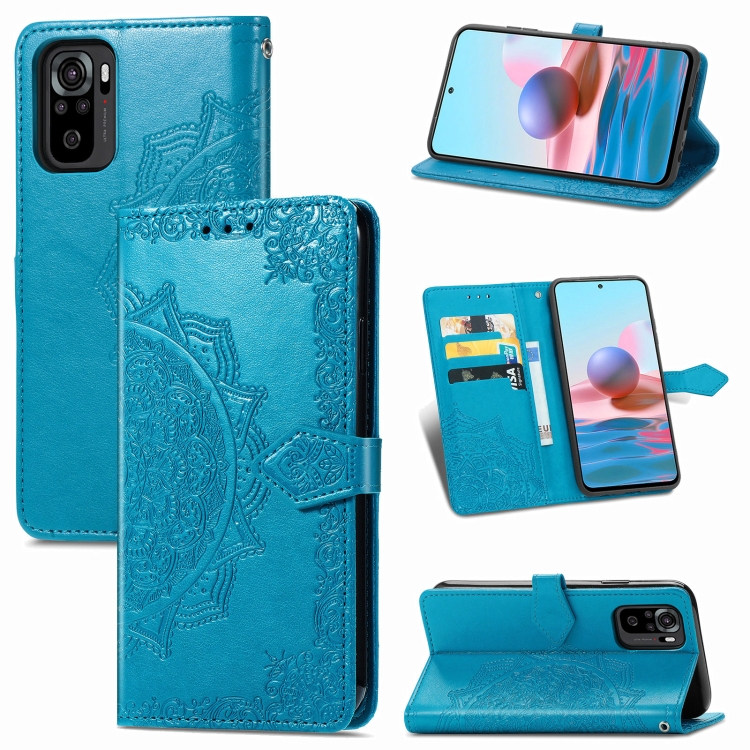 

For Xiaomi Redmi Note 10 4G Mandala Flower Embossed Horizontal Flip Leather Case with Bracket / Card Slot / Wallet / Lanyard(Blue)