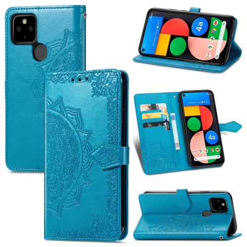 

For Google Pixel 5A Mandala Flower Embossed Horizontal Flip Leather Case with Bracket / Card Slot / Wallet / Lanyard(Blue)