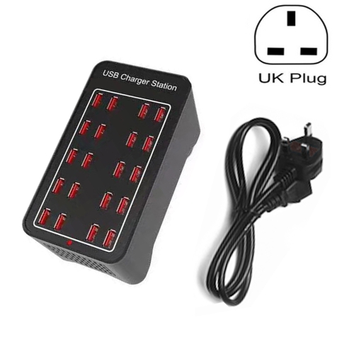 

100W 20 USB Ports Fast Charger Station Smart Charger, AC 110-240V, Plug Size:UK Plug