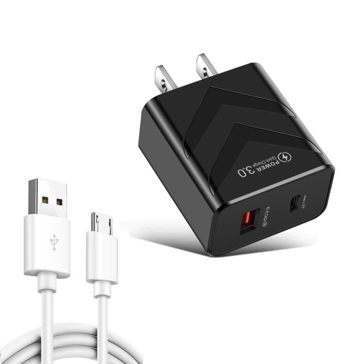 

LZ-715 20W PD + QC 3.0 Dual Ports Fast Charging Travel Charger with USB to Micro USB Data Cable, US Plug(Black)