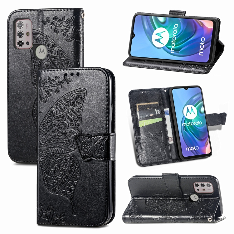 

For Motorola Moto G30 / G10 Butterfly Love Flower Embossed Horizontal Flip Leather Case with Bracket & Card Slot & Wallet & Lanyard(Black)