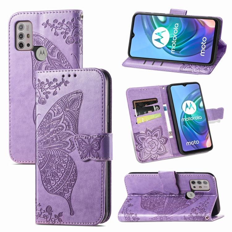 

For Motorola Moto G30 / G10 Butterfly Love Flower Embossed Horizontal Flip Leather Case with Bracket & Card Slot & Wallet & Lanyard(Light Purple)