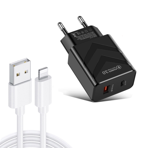 

LZ-715 20W PD + QC 3.0 Dual-port Fast Charge Travel Charger with USB to 8 Pin Data Cable, EU Plug(Black)