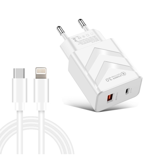 

LZ-715 20W PD + QC 3.0 Dual Ports Fast Charging Travel Charger with USB-C / Type-C to 8 Pin Data Cable, EU Plug(White)