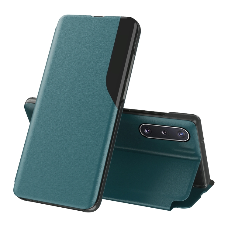 

For Samsung Galaxy A02 Side Display Magnetic Shockproof Horizontal Flip Leather Case with Holder(Green)