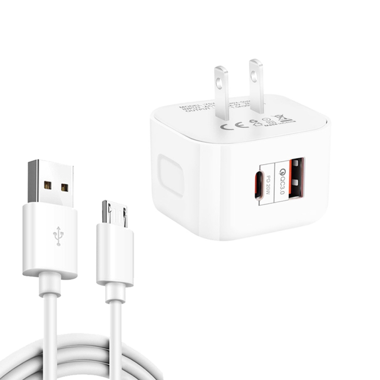 

YSY-6087PD 20W PD3.0 + QC3.0 Dual Fast Charge Travel Charger with USB to Micro USB Data Cable, Plug Size:US Plug