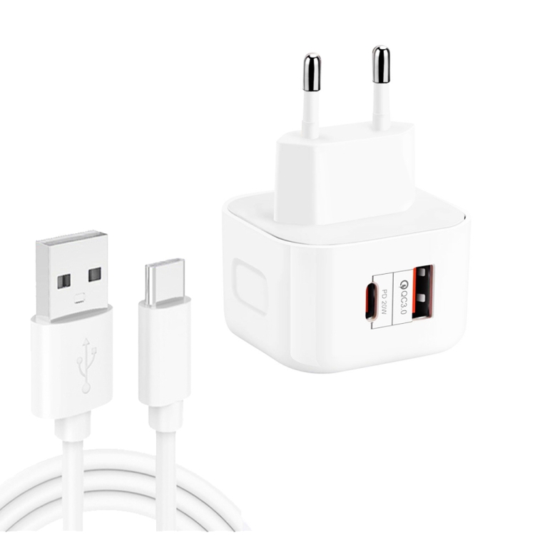 

YSY-6087PD 20W PD3.0 + QC3.0 Dual Fast Charge Travel Charger with USB to Type-C Data Cable, Plug Size:EU Plug