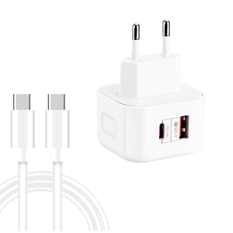 

YSY-6087PD 20W PD3.0 + QC3.0 Dual Fast Charge Travel Charger with Type-C to Type-C Data Cable EU Plug