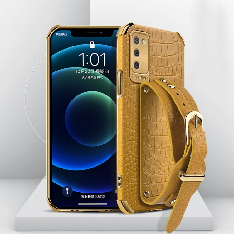 

For Samsung Galaxy A02s (EU Version) Electroplated TPU Crocodile Pattern Leather Case with Wrist Strap(Yellow)