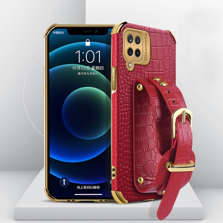 

For Samsung Galaxy A12 Electroplated TPU Crocodile Pattern Leather Case with Wrist Strap(Red)