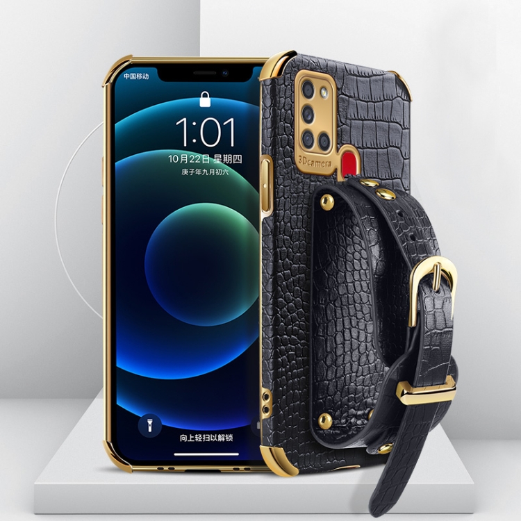 

For Samsung Galaxy A21S Electroplated TPU Crocodile Pattern Leather Case with Wrist Strap(Black)