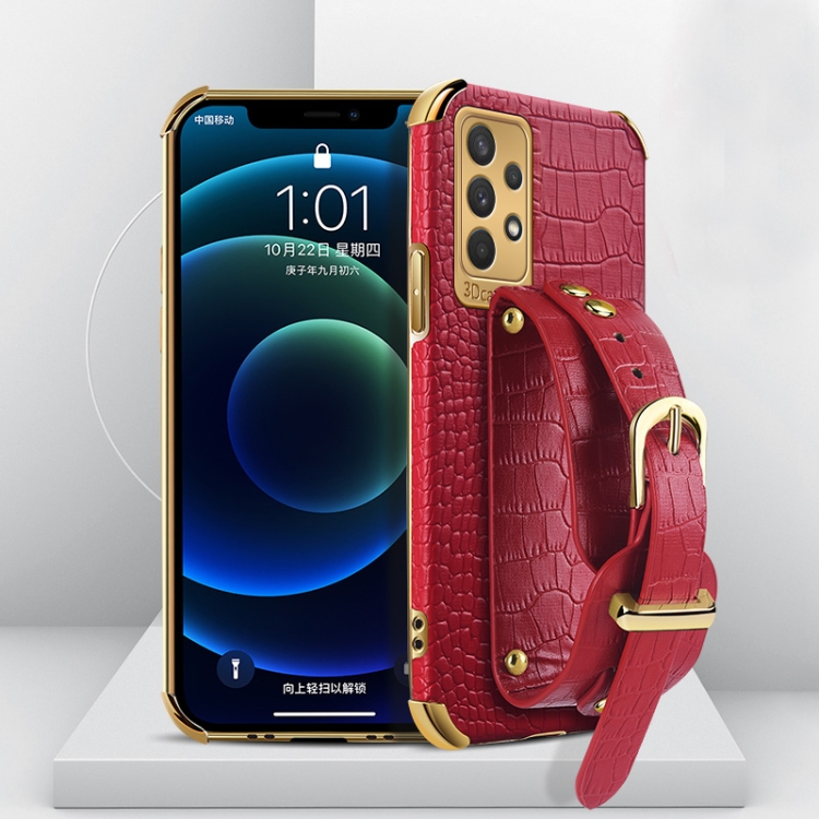 

For Samsung Galaxy A32 4G Electroplated TPU Crocodile Pattern Leather Case with Wrist Strap(Red)