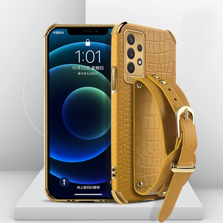 

For Samsung Galaxy A32 4G Electroplated TPU Crocodile Pattern Leather Case with Wrist Strap(Yellow)