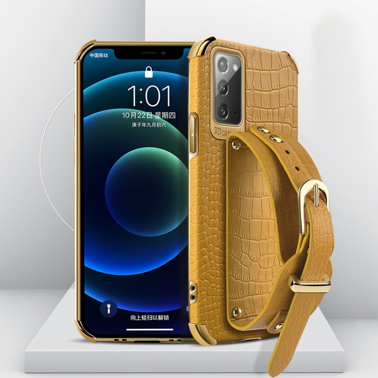 

For Samsung Galaxy Note20 Electroplated TPU Crocodile Pattern Leather Case with Wrist Strap(Yellow)