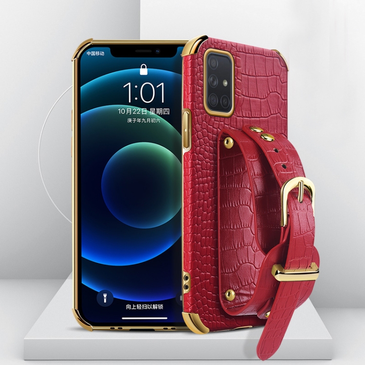 

For Samsung Galaxy A52 5G/4G Electroplated TPU Crocodile Pattern Leather Case with Wrist Strap(Red)