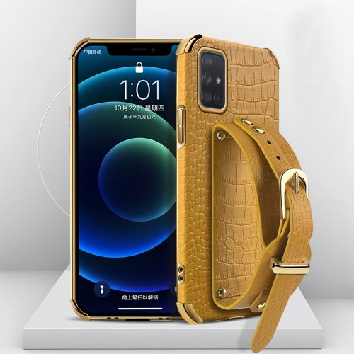 

For Samsung Galaxy A52 5G/4G Electroplated TPU Crocodile Pattern Leather Case with Wrist Strap(Yellow)