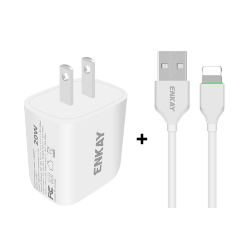 

ENKAY Hat-Prince 20W PD Type-C + QC 3.0 USB Fast Charging Travel Charger Power Adapter with Fast Charge Data Cable, US Plug(With 8 Pin Cable)