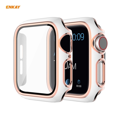 

ENKAY Hat-Prince Full Coverage Electroplated PC Case + Tempered Glass Protector for Apple Watch Series 6 / 5 / 4 / SE 40mm(White+Champagne)