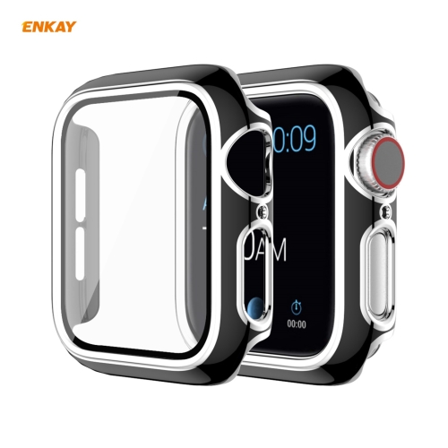 

ENKAY Hat-Prince Full Coverage Electroplated PC Case + Tempered Glass Protector for Apple Watch Series 6 / 5 / 4 / SE 44mm(Black+Silver)