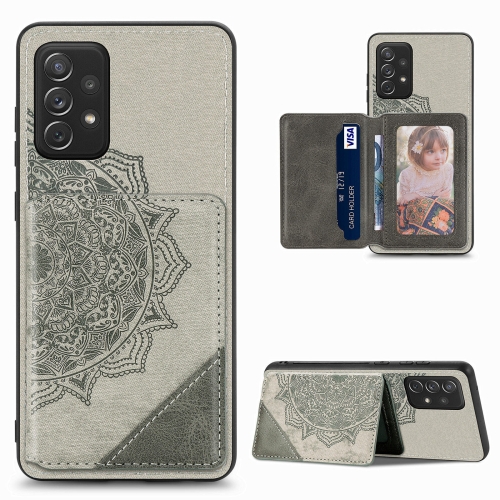 

For Samsung Galaxy A52 5G / 4G Mandala Embossed Magnetic Cloth PU+TPU+PC Case with Holder & Card Slots & Wallet & Photo Frame(Grey)