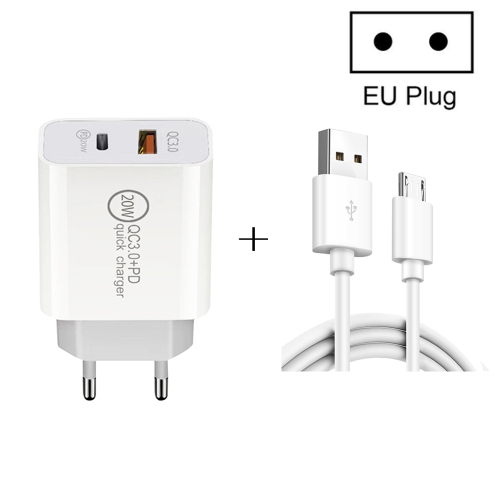 

20W PD Type-C + QC 3.0 USB Interface Fast Charging Travel Charger with USB to Micro USB Fast Charge Data Cable EU Plug