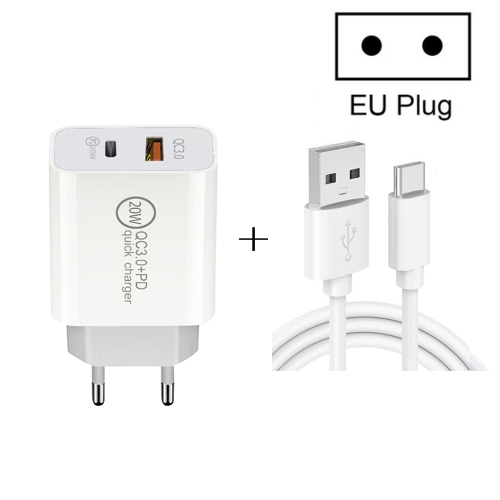 

20W PD Type-C + QC 3.0 USB Interface Fast Charging Travel Charger with USB to Type-C Fast Charge Data Cable EU Plug