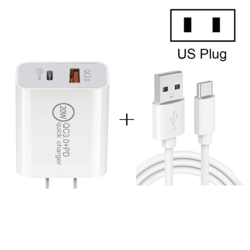 

20W PD Type-C + QC 3.0 USB Interface Fast Charging Travel Charger with USB to Type-C Fast Charge Data Cable US Plug