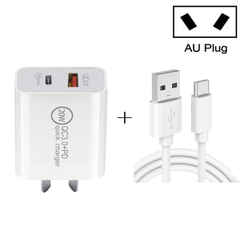 

20W PD Type-C + QC 3.0 USB Interface Fast Charging Travel Charger with USB to Type-C Fast Charge Data Cable AU Plug