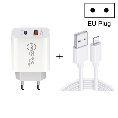 

20W PD Type-C + QC 3.0 USB Interface Fast Charging Travel Charger with USB to 8 Pin Fast Charge Data Cable EU Plug