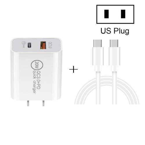 

20W PD Type-C + QC 3.0 USB Interface Fast Charging Travel Charger with USB-C / Type-C to Type-C Fast Charge Data Cable US Plug