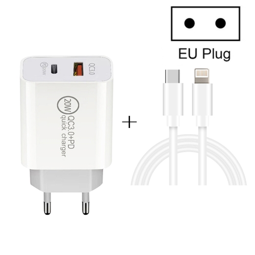 

20W PD Type-C + QC 3.0 USB Interface Fast Charging Travel Charger with USB-C / Type-C to 8 Pin Fast Charge Data Cable EU Plug