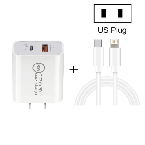 

20W PD Type-C + QC 3.0 USB Interface Fast Charging Travel Charger with USB-C / Type-C to 8 Pin Fast Charge Data Cable US Plug
