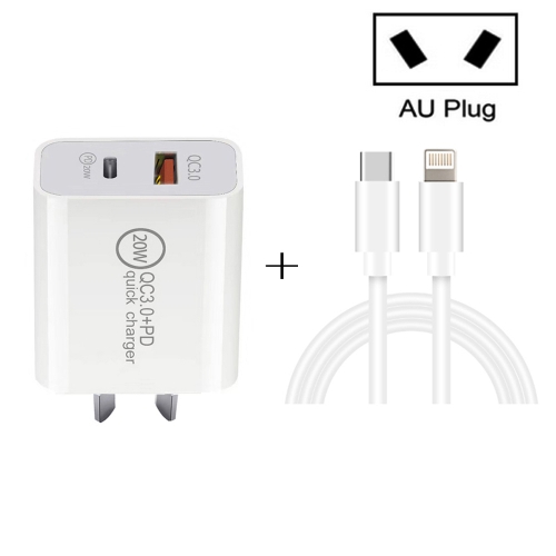

20W PD Type-C + QC 3.0 USB Interface Fast Charging Travel Charger with USB-C / Type-C to 8 Pin Fast Charge Data Cable AU Plug