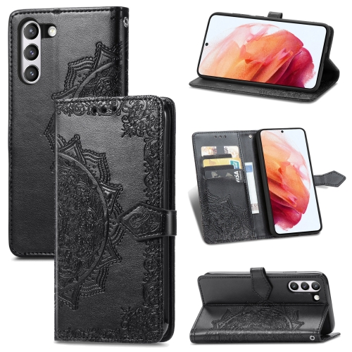 

For Samsung Galaxy S21 FE Halfway Mandala Embossing Pattern Horizontal Flip Leather Case with Holder & Card Slots & Wallet & Lanyard(Black)