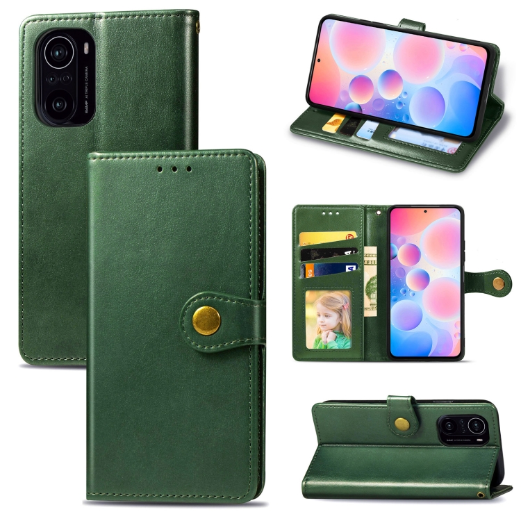 

For Xiaomi Redmi K40 / K40 Pro / K40 Pro+ Solid Color Leather Buckle Phone Case with Lanyard & Photo Frame & Card Slot & Wallet & Stand Function(Green)