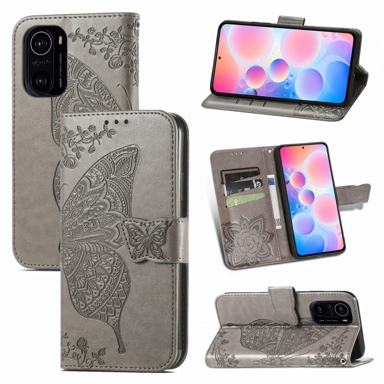 

For Xiaomi Redmi K40 /K40 Pro /K40 Pro+ Butterfly Love Flowers Embossed Horizontal Flip Leather Case with Holder & Card Slots & Wallet & Lanyard(Gray)