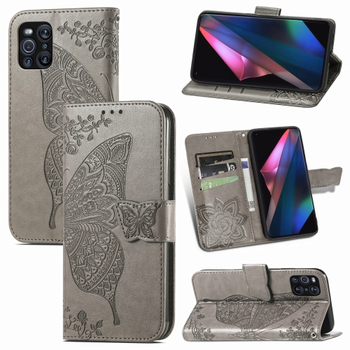 

For OPPO Find X3 Pro Butterfly Love Flowers Embossed Horizontal Flip Leather Case with Holder & Card Slots & Wallet & Lanyard(Gray)