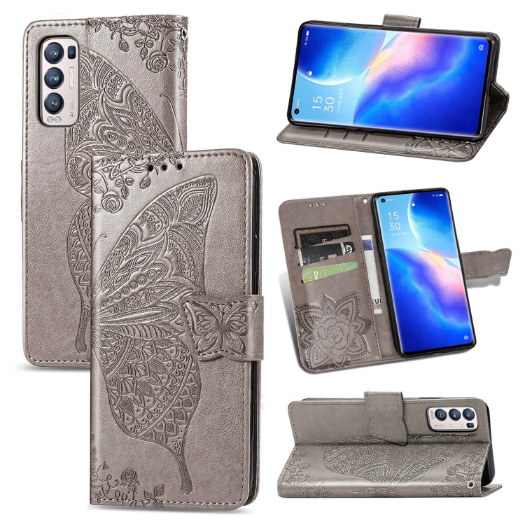 

For OPPO Reno5 Pro+ Butterfly Love Flowers Embossed Horizontal Flip Leather Case with Holder & Card Slots & Wallet & Lanyard(Gray)