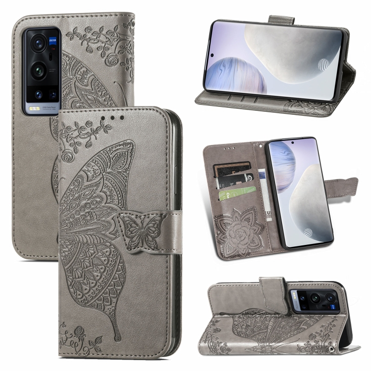 

For vivo X60 Pro+ Butterfly Love Flowers Embossed Horizontal Flip Leather Case with Holder & Card Slots & Wallet & Lanyard(Gray)