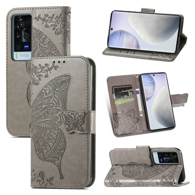 

For vivo X60 Pro Butterfly Love Flowers Embossed Horizontal Flip Leather Case with Holder & Card Slots & Wallet & Lanyard(Gray)