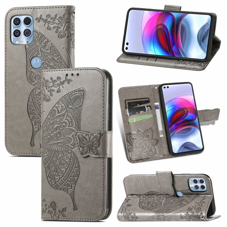 

For Motorola Edge S Butterfly Love Flowers Embossed Horizontal Flip Leather Case with Holder & Card Slots & Wallet & Lanyard(Gray)