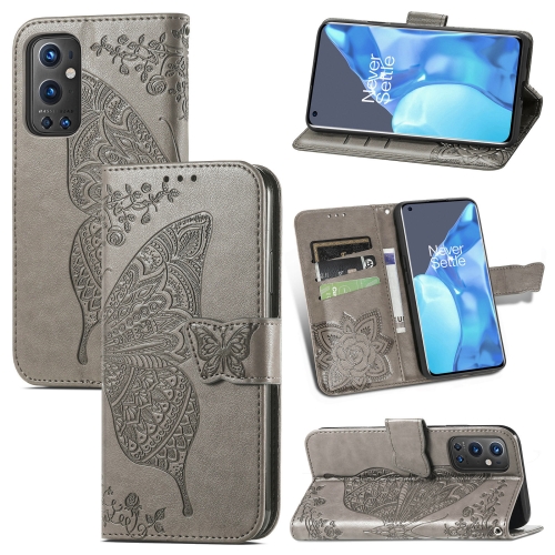 

For OnePlus 9 Pro Butterfly Love Flowers Embossed Horizontal Flip Leather Case with Holder & Card Slots & Wallet & Lanyard(Gray)