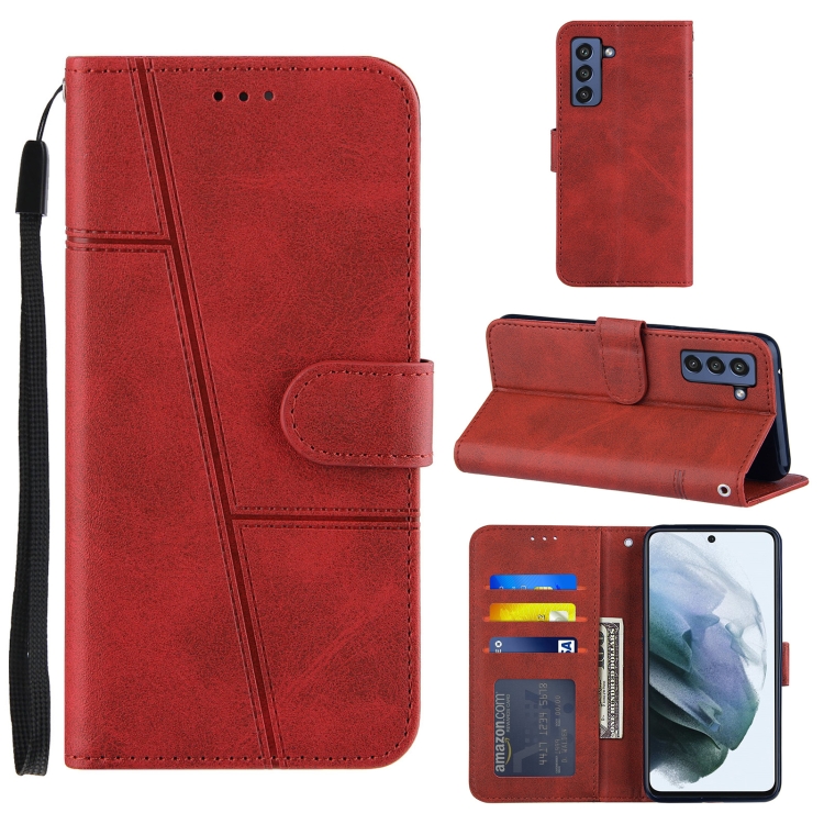 

For Samsung Galaxy S21 FE Stitching Calf Texture Buckle Horizontal Flip Leather Case with Holder & Card Slots & Wallet & Lanyard(Red)