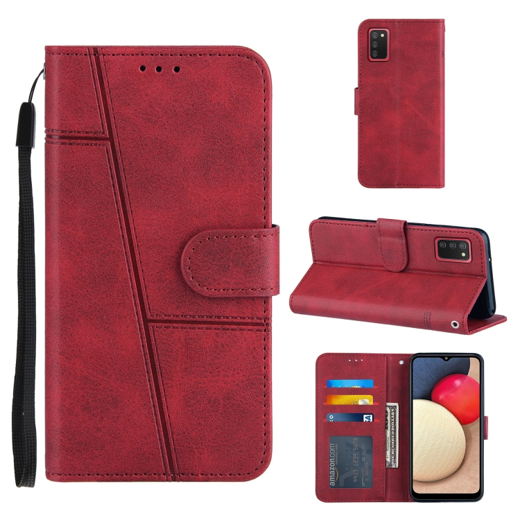 

For Samsung Galaxy A02s (EU Version) Stitching Calf Texture Buckle Horizontal Flip Leather Case with Holder & Card Slots & Wallet & Lanyard(Red)