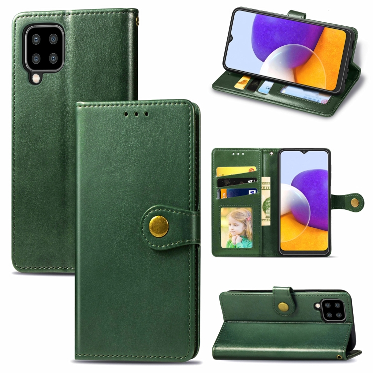 

For Samsung Galaxy A22 5G Solid Color Leather Buckle Phone Case with Lanyard & Photo Frame & Card Slot & Wallet & Stand Function(Green)