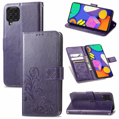 

For Samsung Galaxy F62/M62 Four-leaf Clasp Embossed Buckle Mobile Phone Protection Leather Case with Lanyard & Card Slot & Wallet & Bracket Function(Purple)