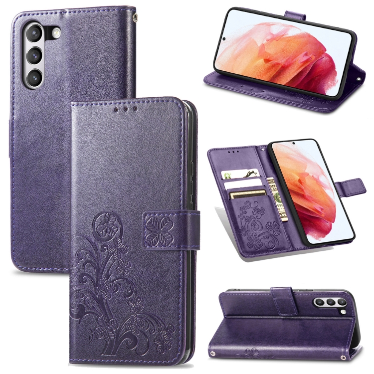 

For Samsung Galaxy S21 FE Four-leaf Clasp Embossed Buckle Mobile Phone Protection Leather Case with Lanyard & Card Slot & Wallet & Bracket Function(Purple)